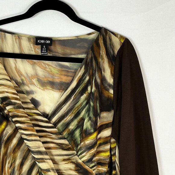 Ronen Chen Animal Print Stripe V-Neck‎ Long Sleeve Tunic Blouse Sheer 5/ US 14 - Picture 4 of 9